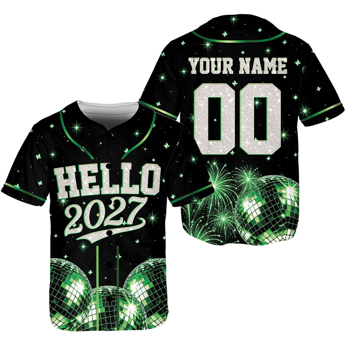 Main view of the personalized new year baseball jersey with green accents