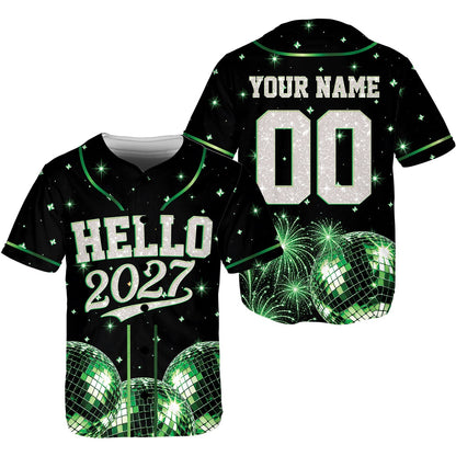 Main view of the personalized new year baseball jersey with green accents