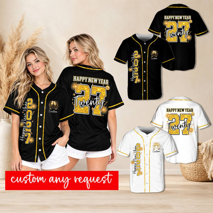 Lifestyle view of adult wearing personalized New Year baseball jersey