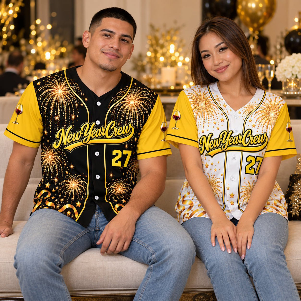 Lifestyle view of the custom baseball jersey with festive New Year graphics