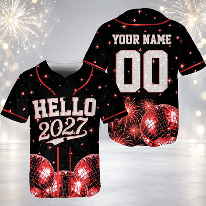 Front view of the personalized new year baseball jersey with red accents