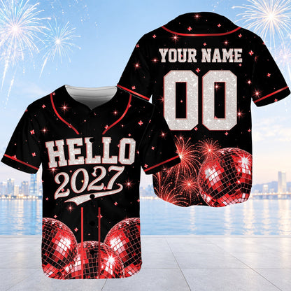 Another front view of the red accented new year baseball jersey