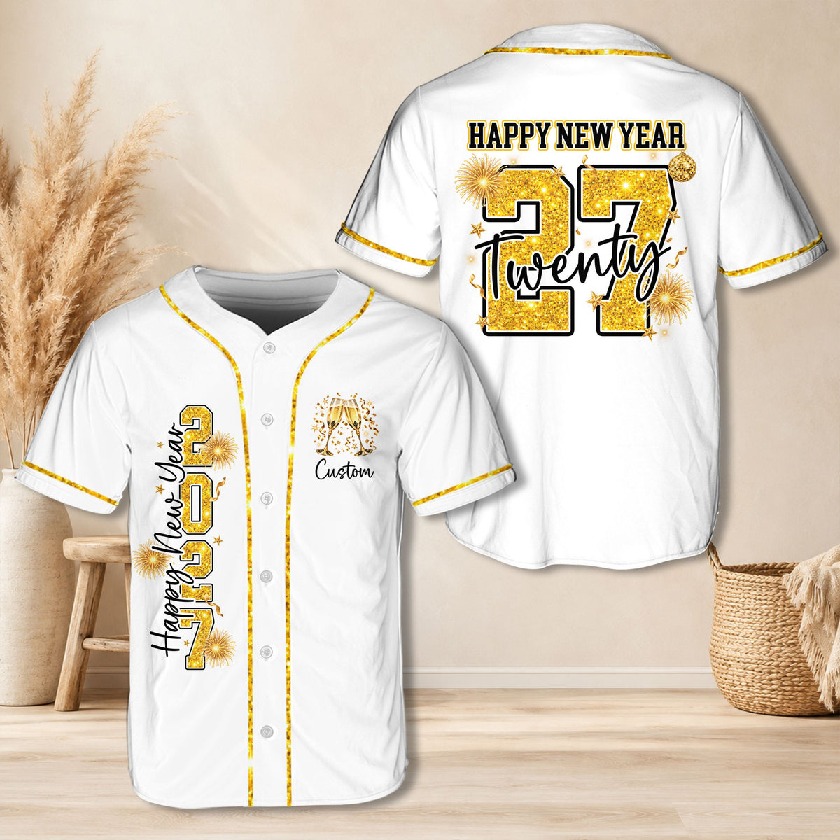Personalized white new baseball jersey with New Year graphics, custom name and number, main view