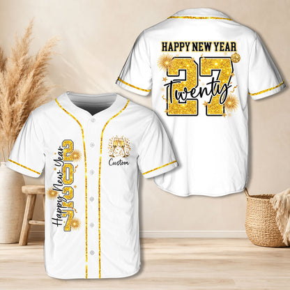 Personalized white new baseball jersey with New Year graphics, custom name and number, main view