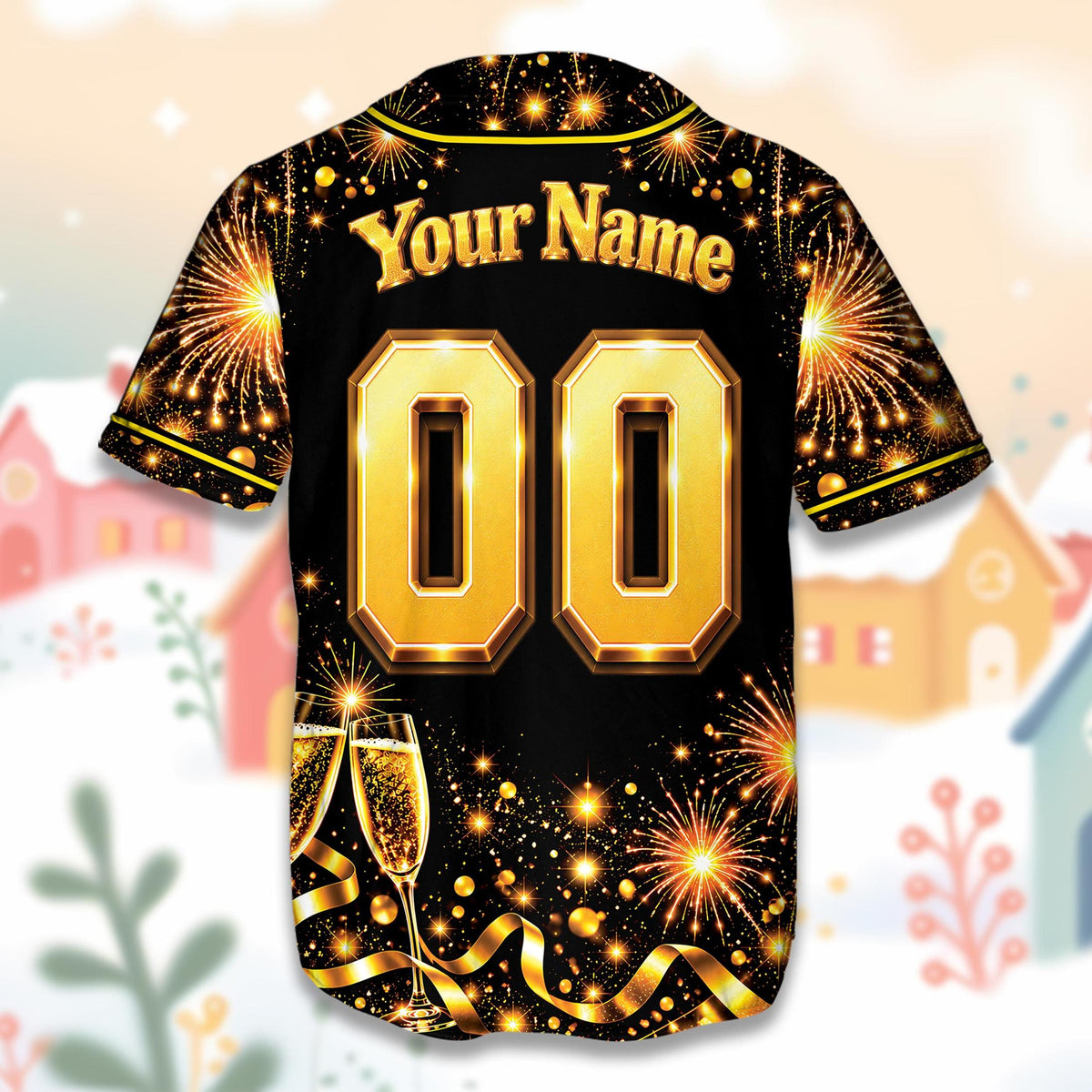 Back view of the personalized baseball jersey displaying a shiny gold-style custom name and number