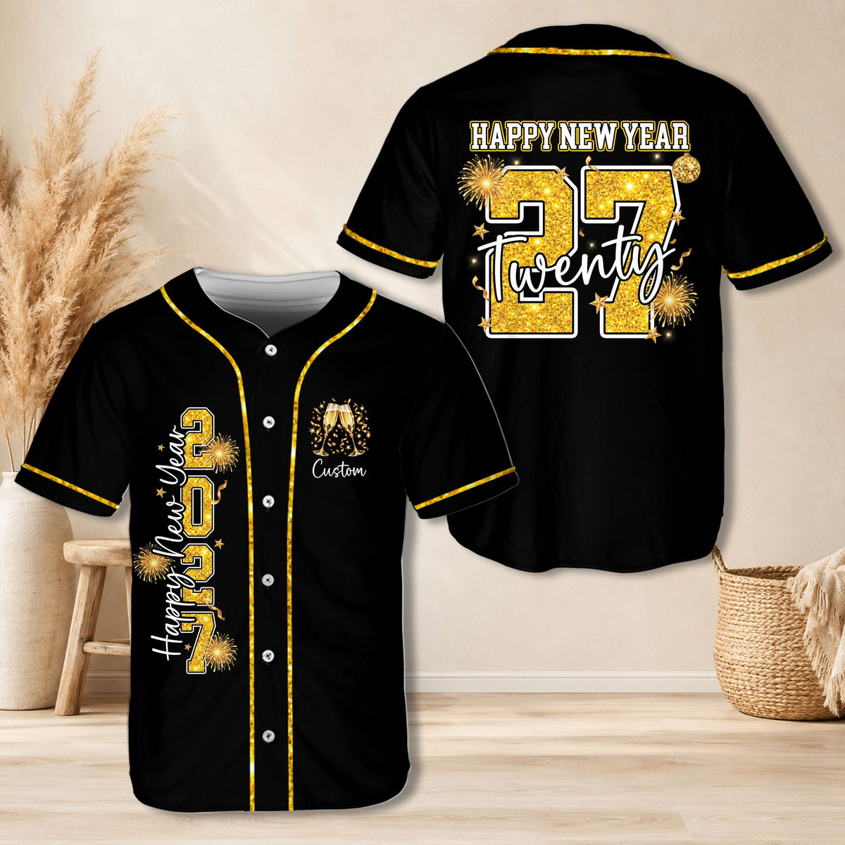 Front view of personalized New Year baseball jersey showing festive gold fireworks and champagne glasses