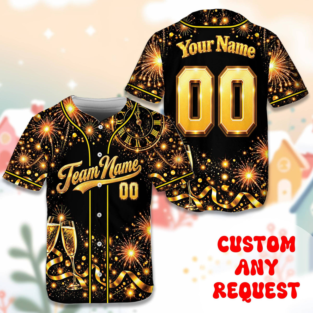 Personalized black and gold new year baseball jersey with custom name and number