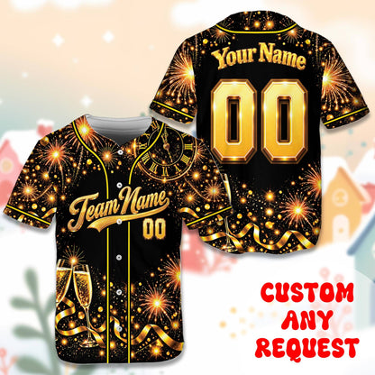 Front view of the personalized black baseball jersey featuring gold fireworks and champagne glasses