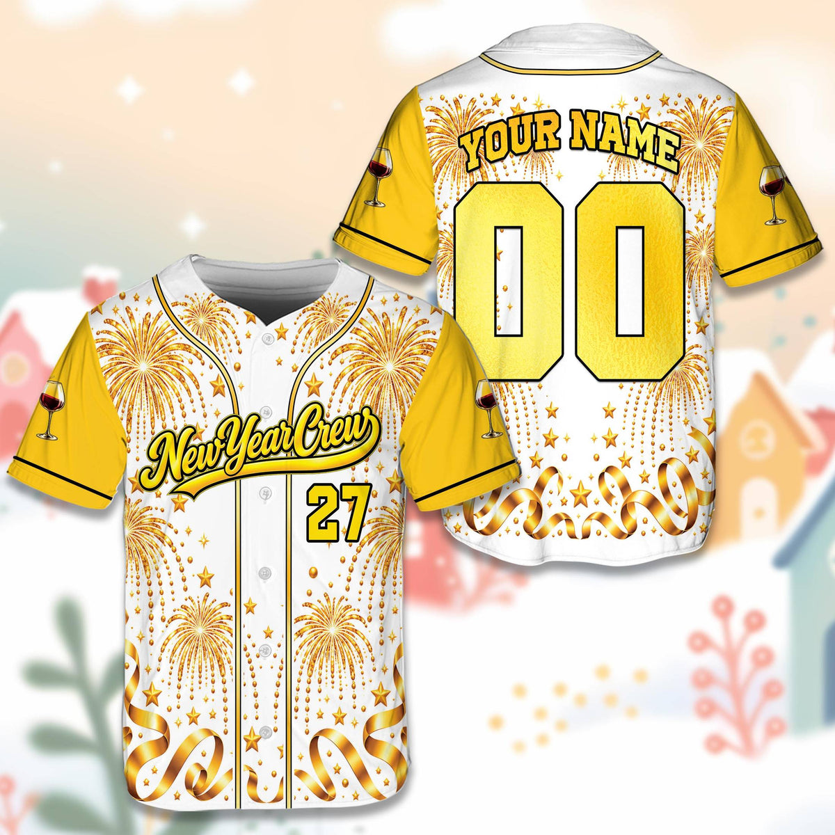 Personalized year baseball jersey with New Year Crew design, front view alternate