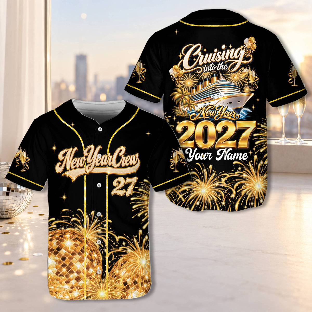 Personalized new year baseball jersey in black and gold with custom name and number, main view