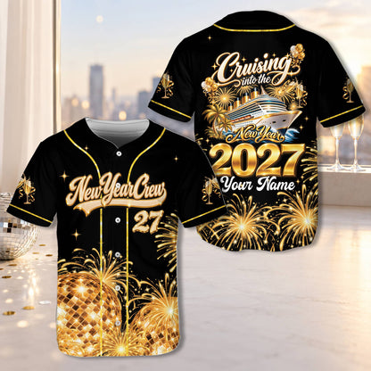 Personalized new year baseball jersey in black and gold with custom name and number, main view
