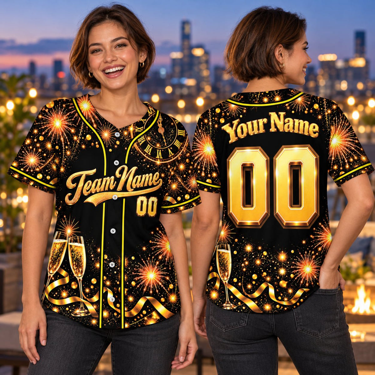 Lifestyle view of an adult wearing the personalized new year baseball jersey