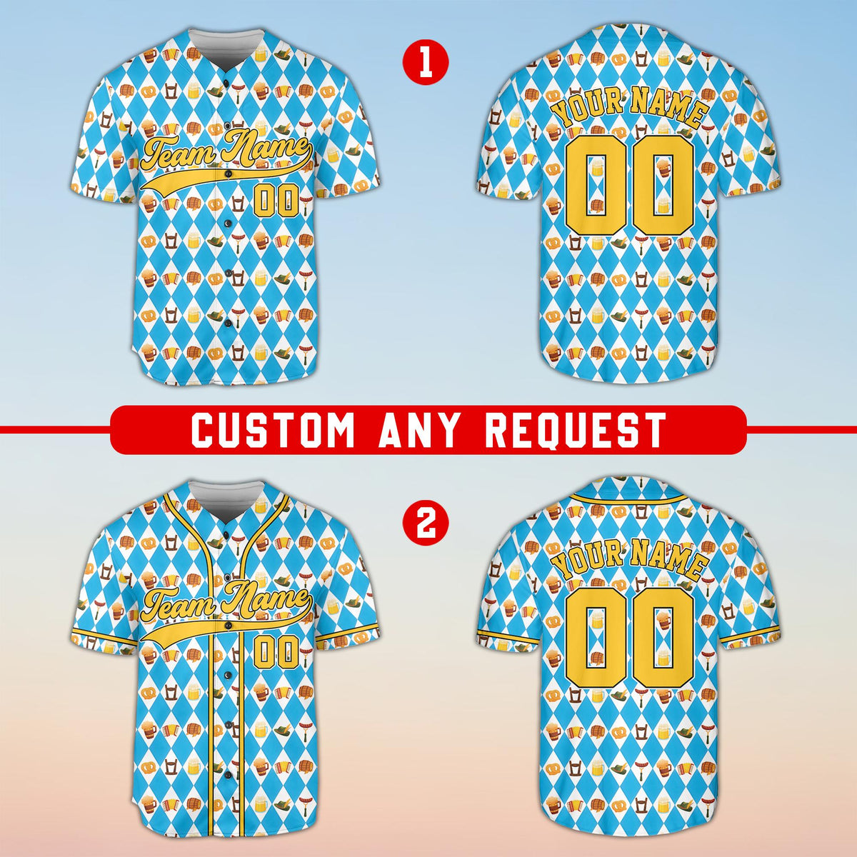 Front view of the personalized geometric baseball jersey showing light blue and white diamond checkerboard pattern