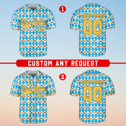 Front view of the personalized geometric baseball jersey showing light blue and white diamond checkerboard pattern