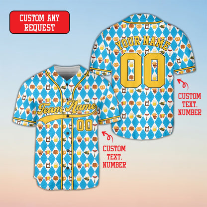 Close up front view of the custom baseball jersey with pretzels and beer mug illustrations