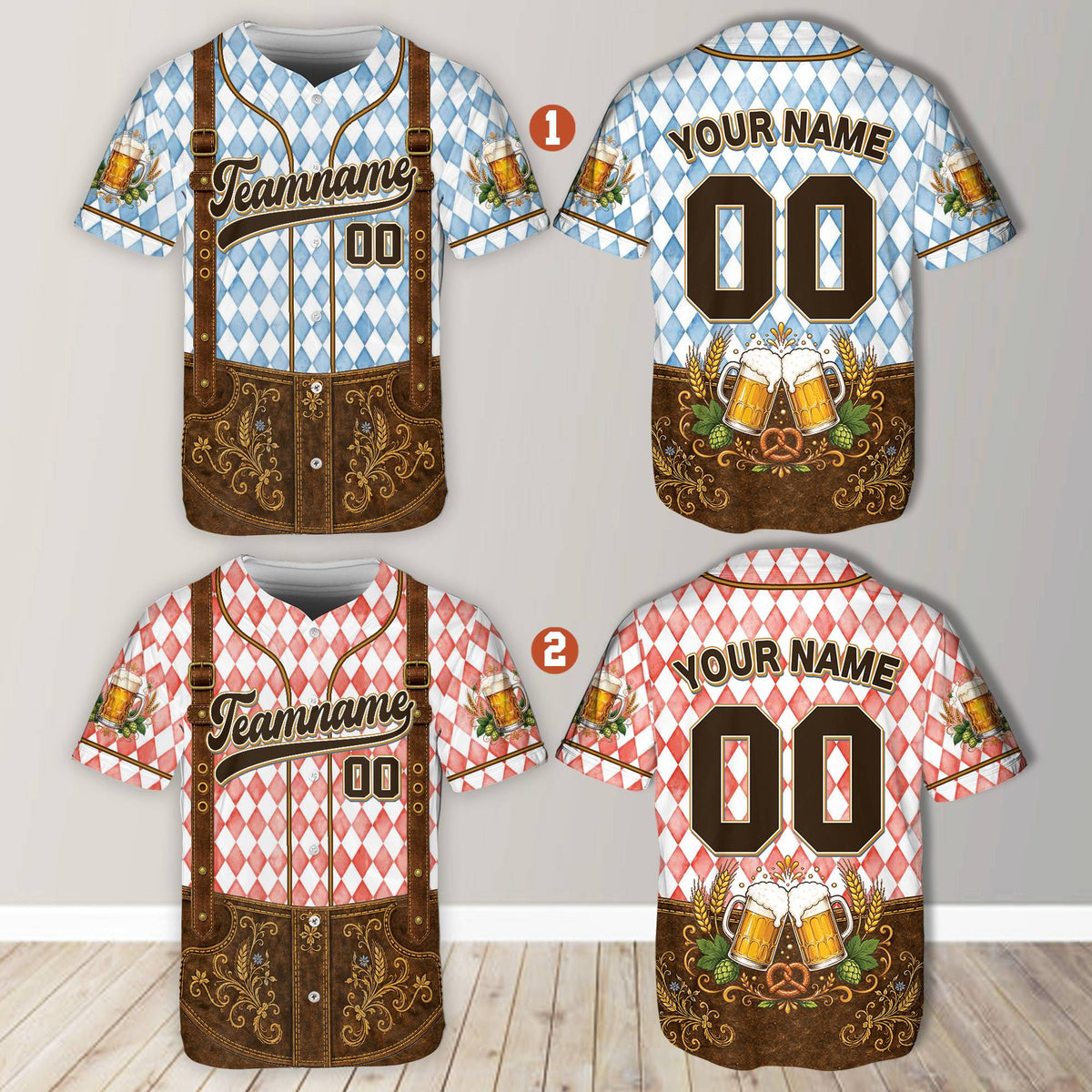 Close-up of the personalized baseball jersey showing faux floral embroidery and lederhosen details