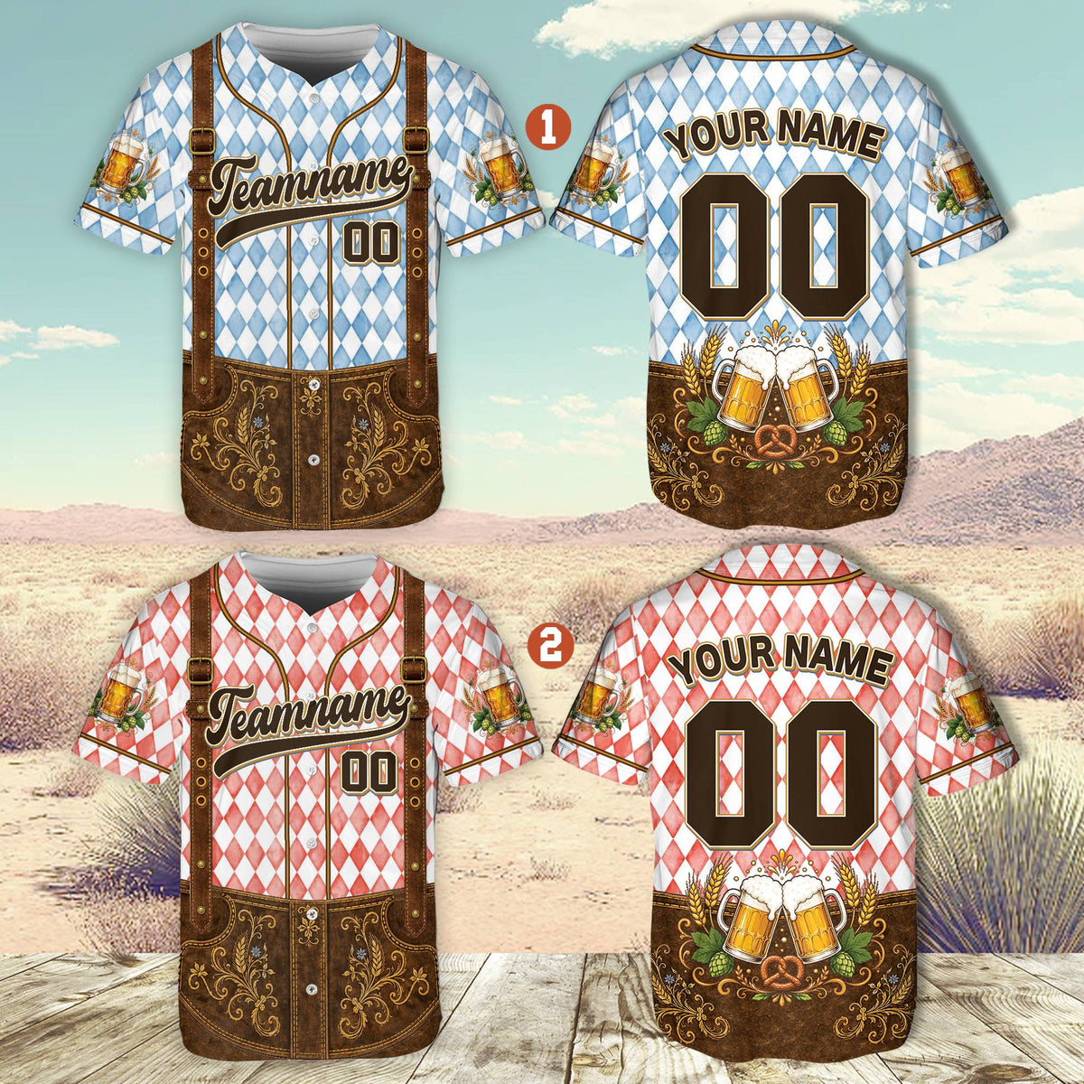 Angled front view of the custom baseball jersey with Oktoberfest styling