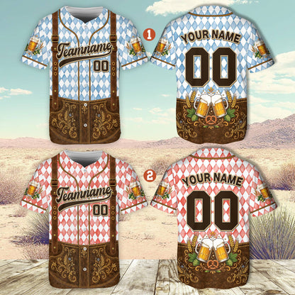 Angled front view of the custom baseball jersey with Oktoberfest styling