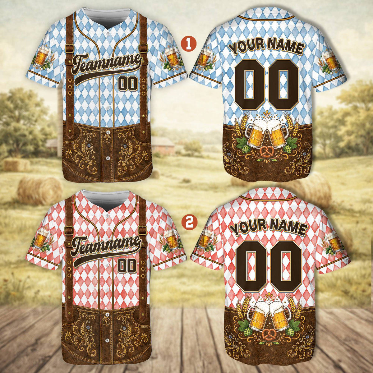 Front flat lay view of the blue and brown lederhosen style baseball jersey