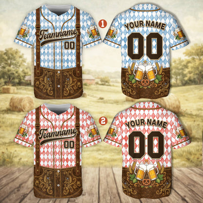 Front flat lay view of the blue and brown lederhosen style baseball jersey