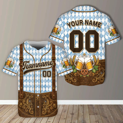 Detail shot of the printed suspenders on the blue oktoberfest baseball jersey