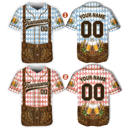 Detailed front view of the blue oktoberfest baseball jersey featuring diamond pattern and printed suspenders