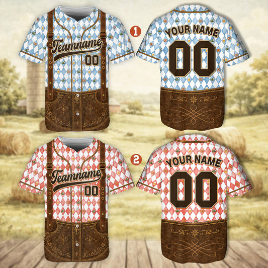 Main view of the personalized white oktoberfest baseball jersey featuring a printed lederhosen design and custom name and number