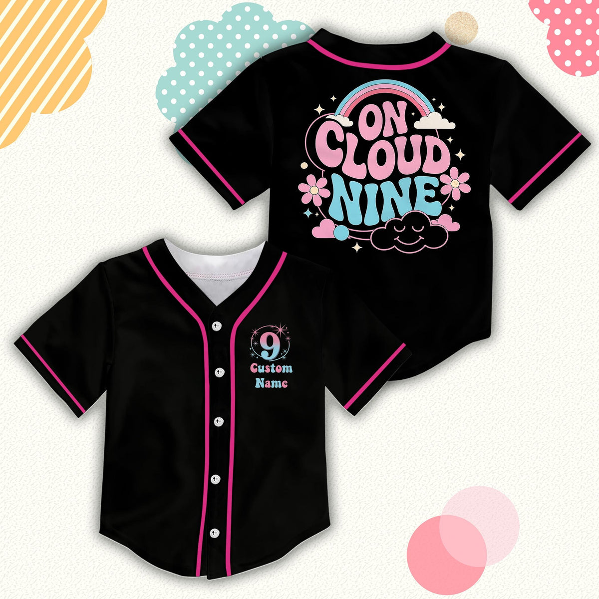Front view of black On Cloud Nine 9th birthday baseball jersey with custom name and number