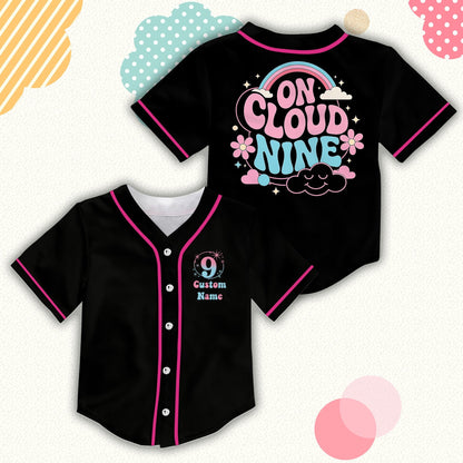 Front view of black On Cloud Nine 9th birthday baseball jersey with custom name and number
