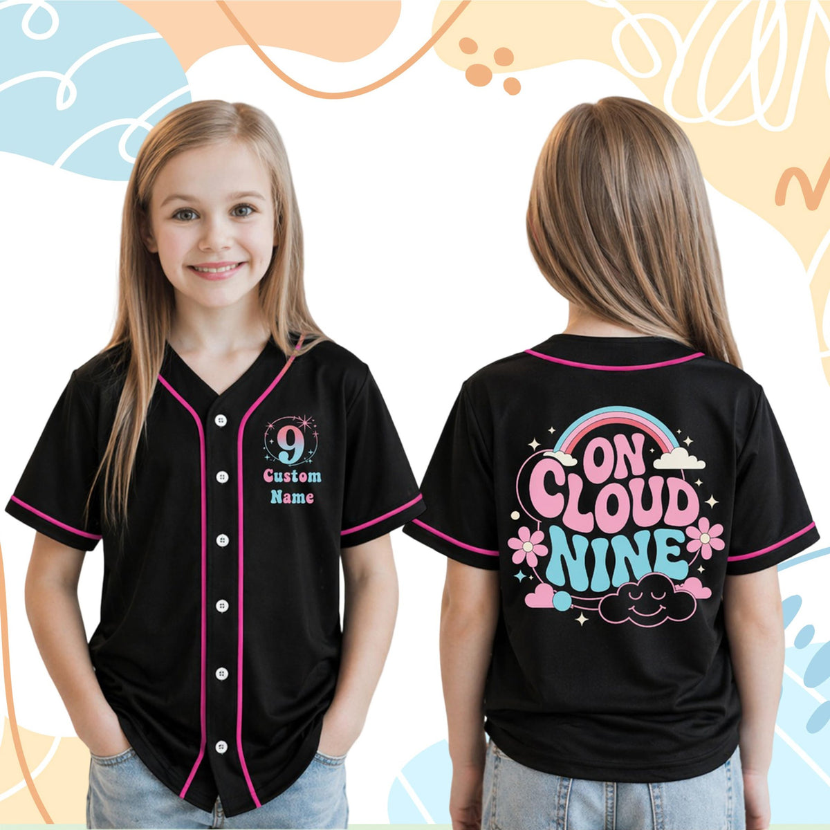 Lifestyle view of a person wearing the black On Cloud Nine 9th birthday baseball jersey