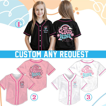 Multicolor view showing various color options for the personalized 9th birthday baseball jersey