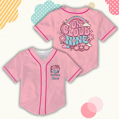 Front view of pink personalized baseball jersey with custom name and 9th birthday design