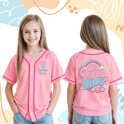 Lifestyle view of a person wearing the pink On Cloud Nine baseball jersey
