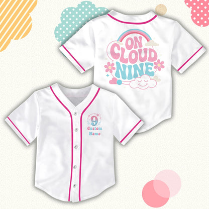 Front view of white custom name baseball jersey featuring On Cloud Nine design