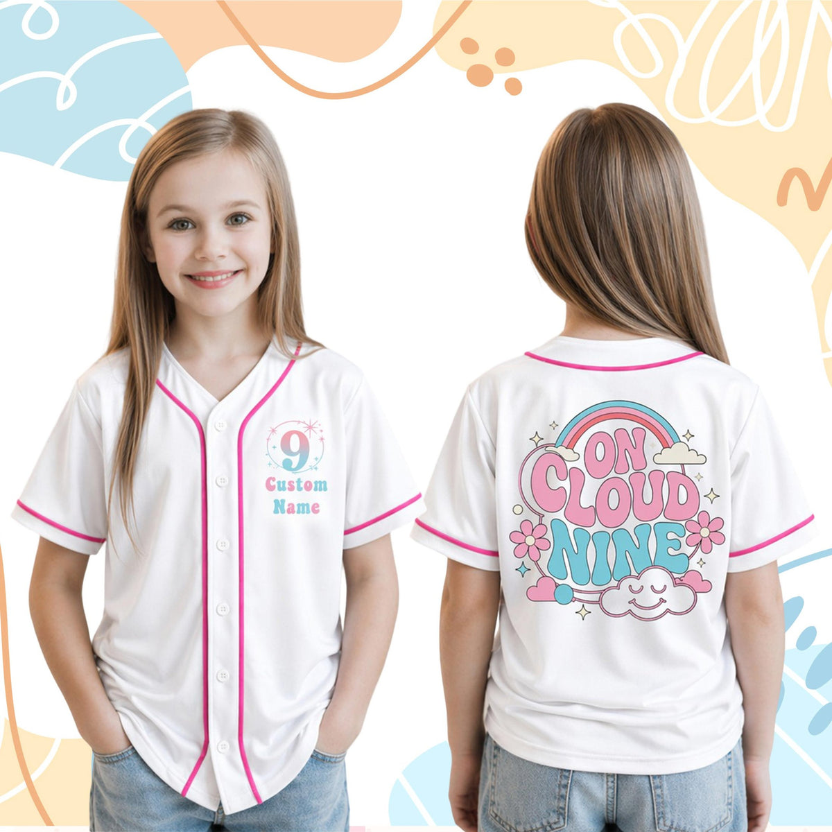 Lifestyle view of a person wearing the white custom birthday baseball jersey