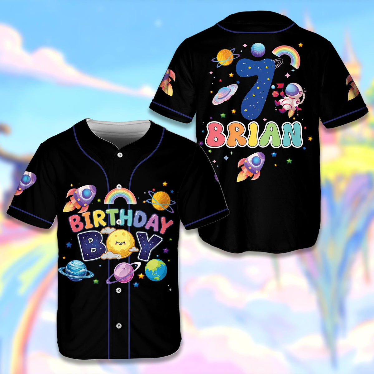 Black outer space baseball jersey with custom name and number, front view