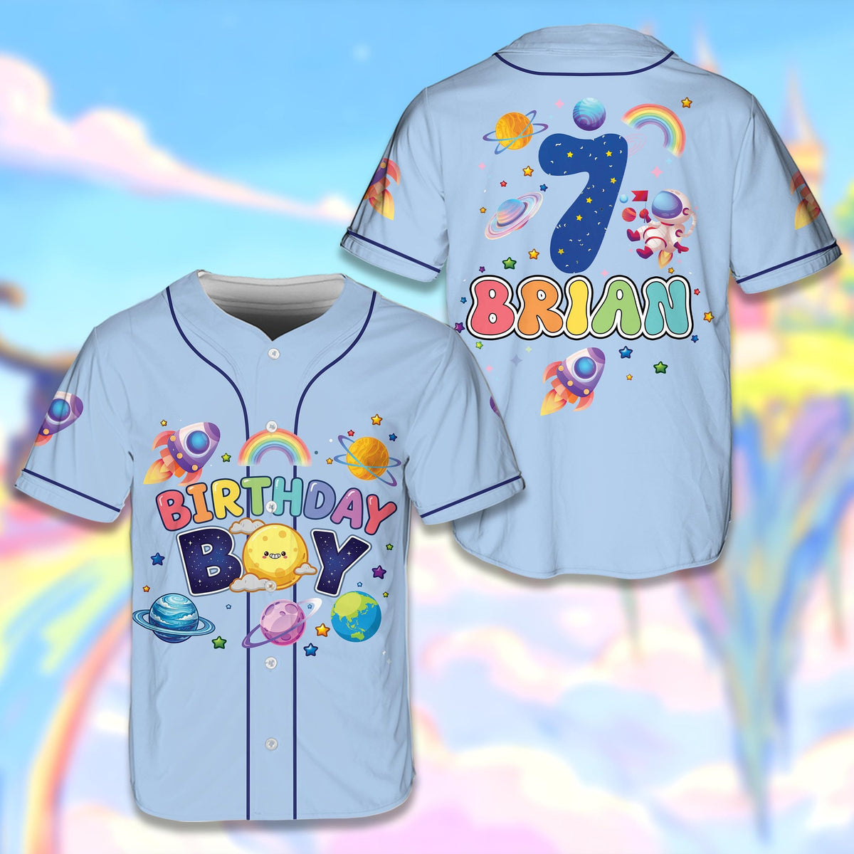 Light blue outer space baseball jersey with custom name and number, front view