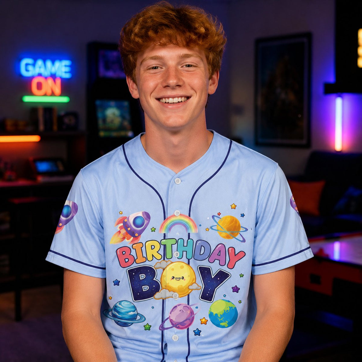 Adult wearing the blue outer space birthday boy baseball jersey, lifestyle view