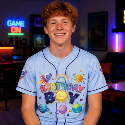 Adult wearing the blue outer space birthday boy baseball jersey, lifestyle view