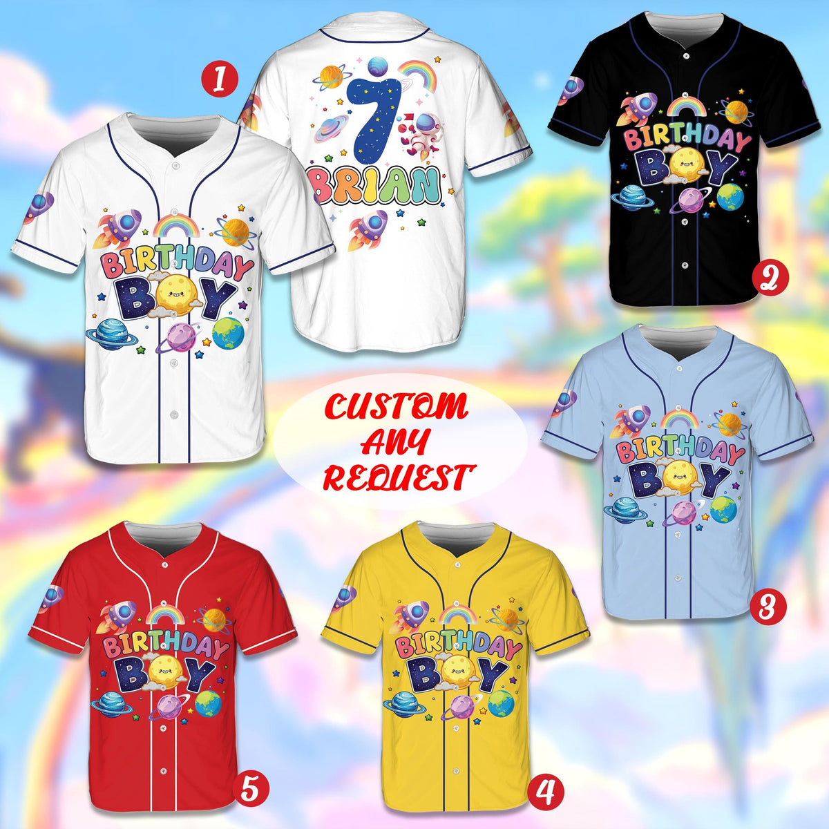 Multicolor view of the personalized outer space birthday boy baseball jerseys