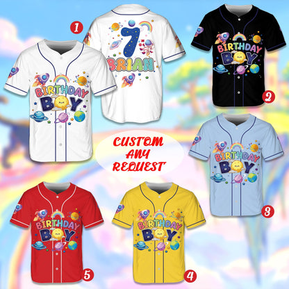Multicolor view of the personalized outer space birthday boy baseball jerseys