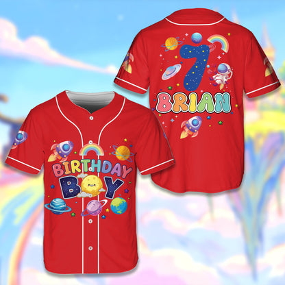 Red outer space baseball jersey with custom name and number, front view