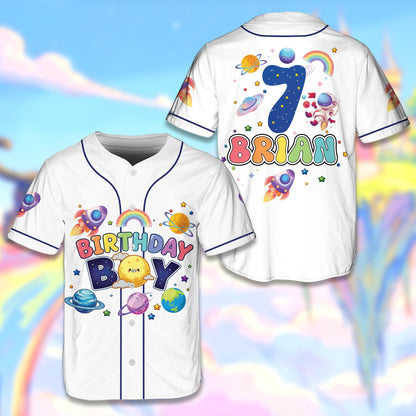 White outer baseball jersey featuring outer space birthday boy design with custom name and number, main view