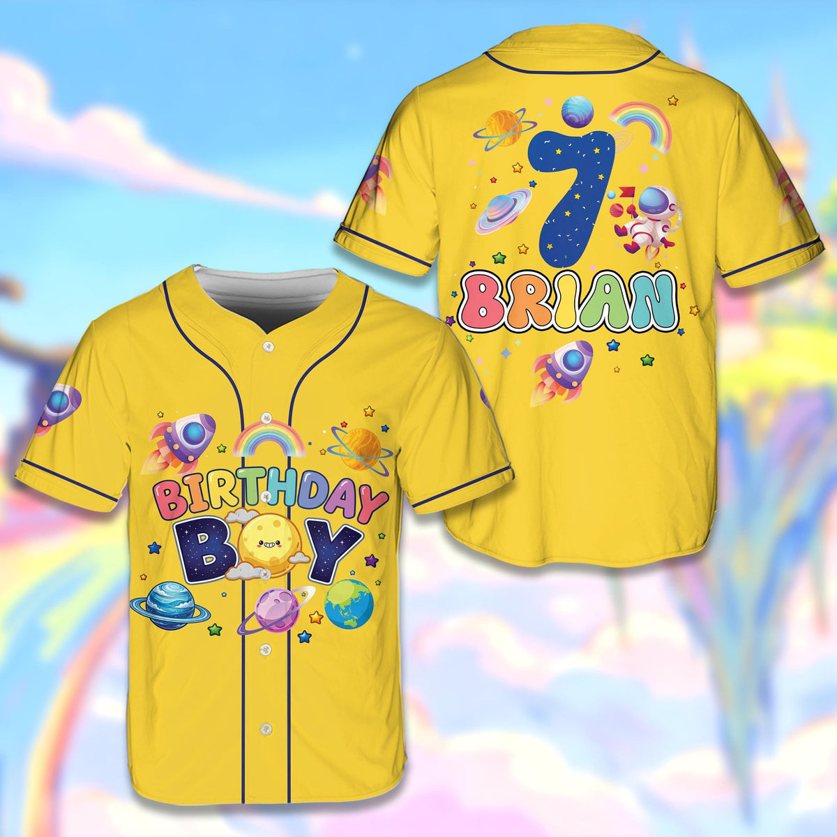 Yellow outer space baseball jersey with custom name and number, front view