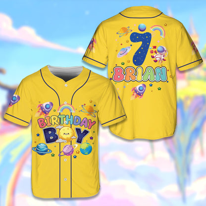 Yellow outer space baseball jersey with custom name and number, front view