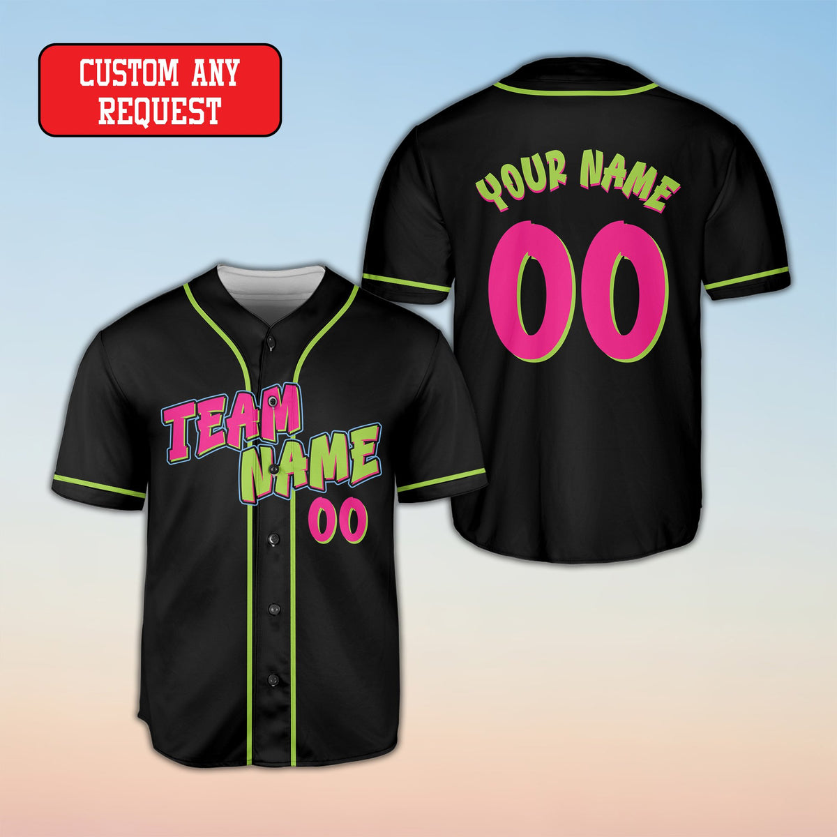 Black paint baseball jersey with melting diamond graphic, front view