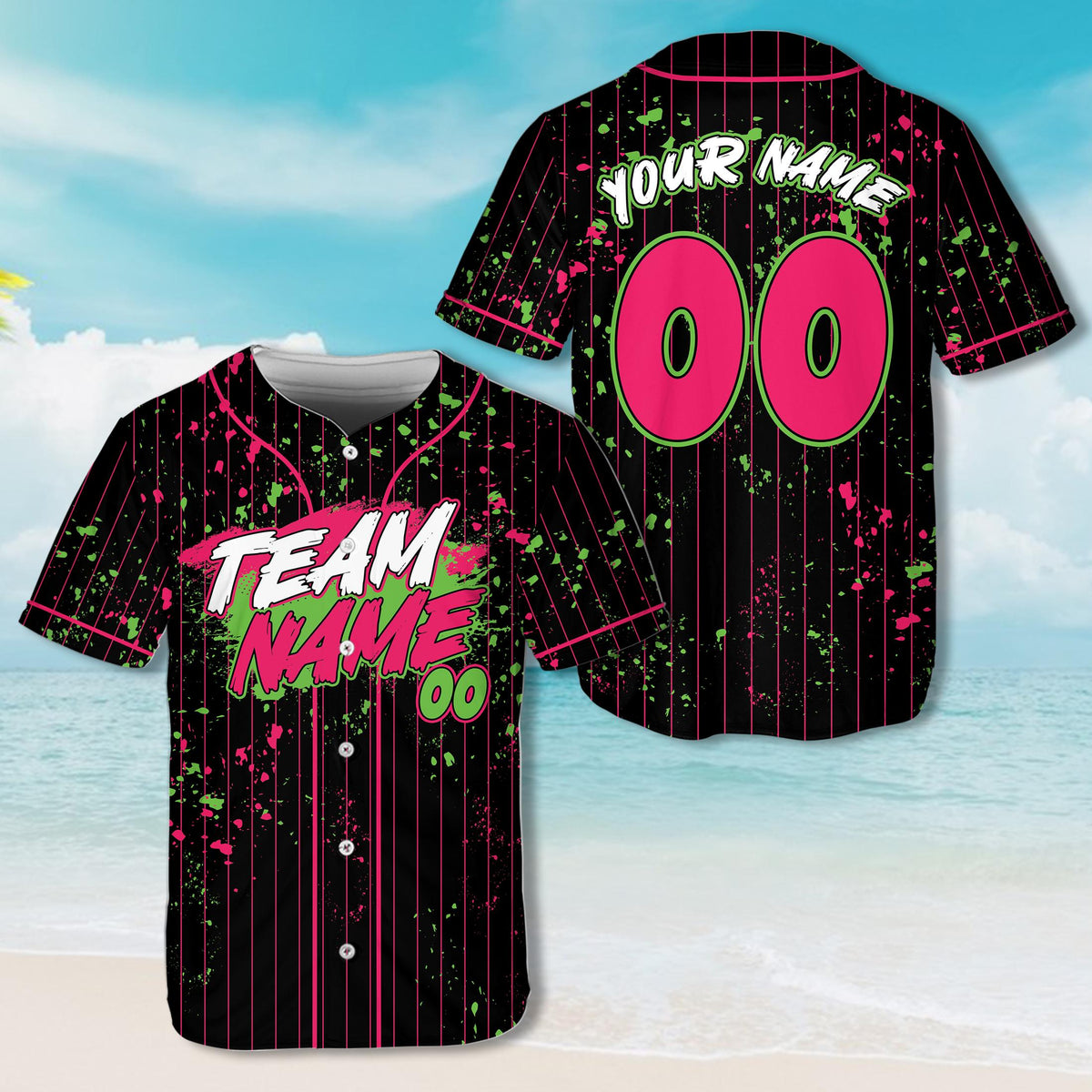Black paint splatter baseball jersey with custom name and number, front view