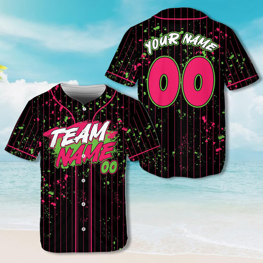 Black paint splatter baseball jersey with custom name and number, front view