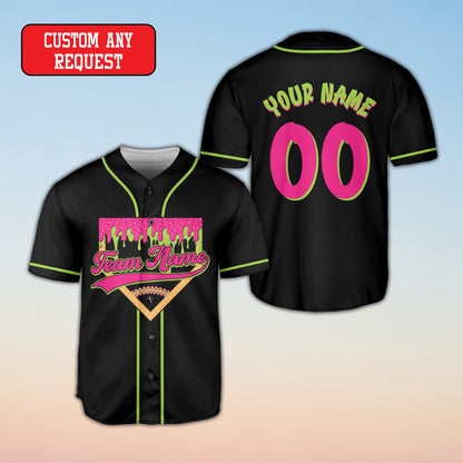 Black abstract baseball jersey with neon green accents, front view