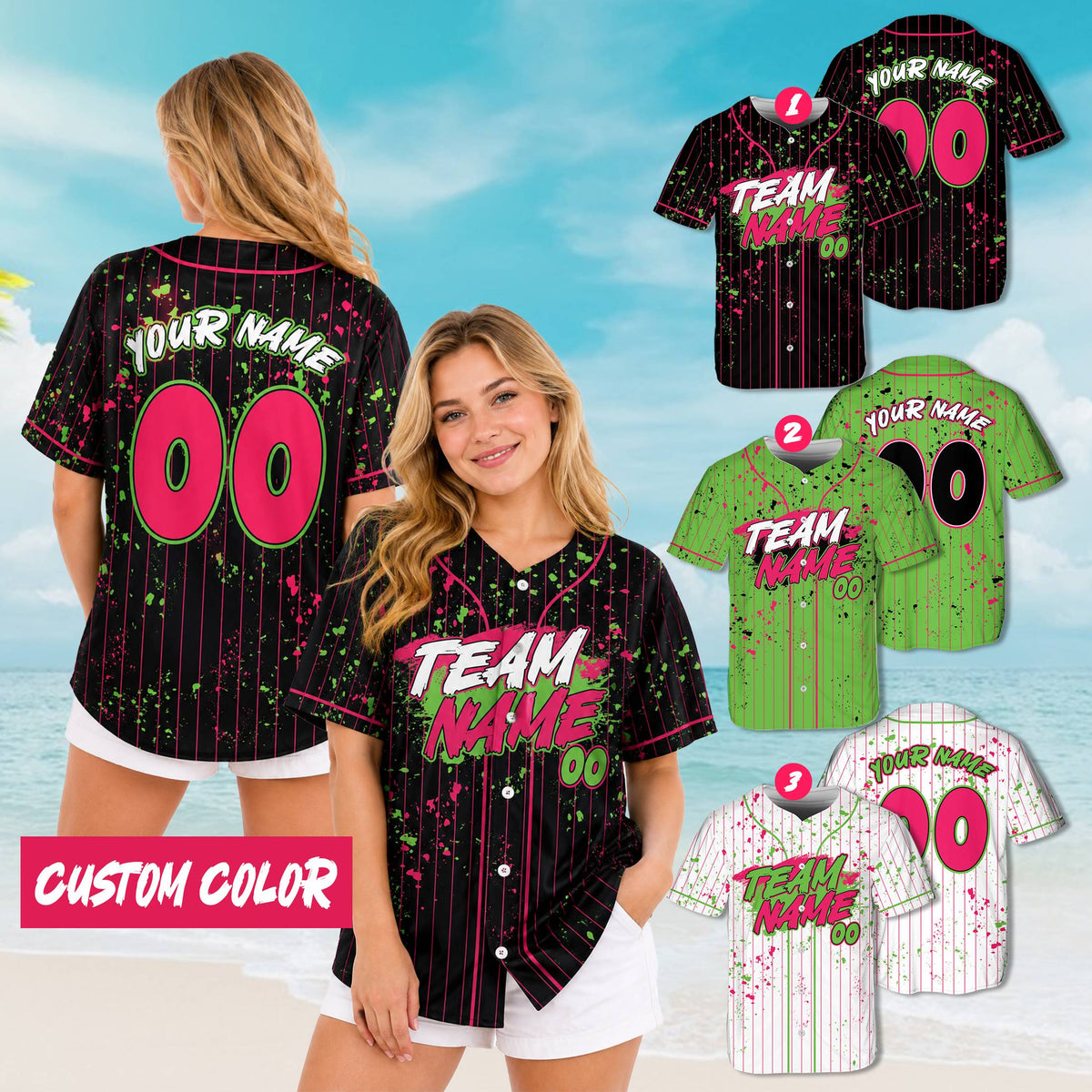 Adult wearing a personalized paint splatter baseball jersey in a lifestyle setting